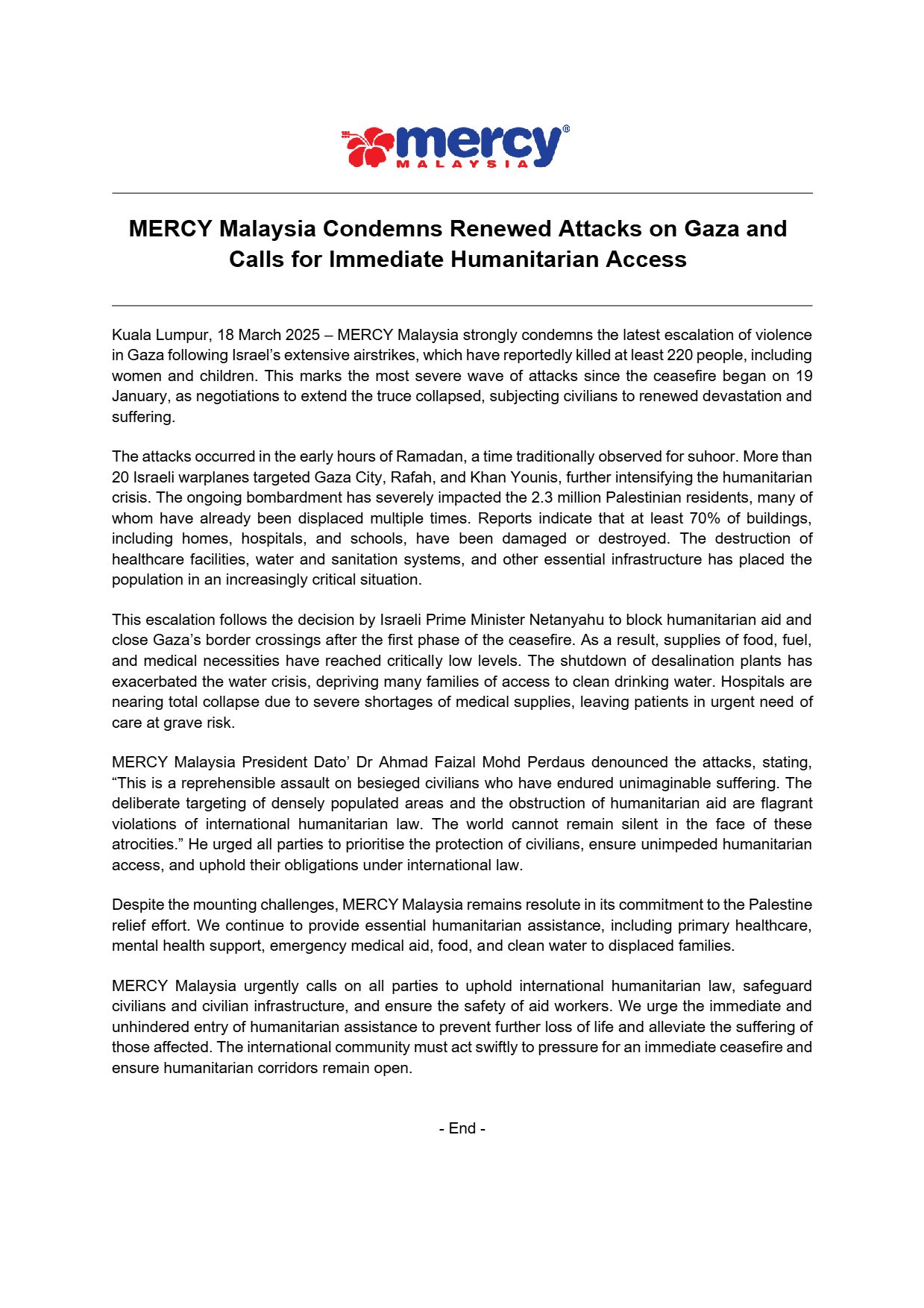 Press release - mercy malaysia condemns renewed attacks on gaza and calls for immediate humanitarian access