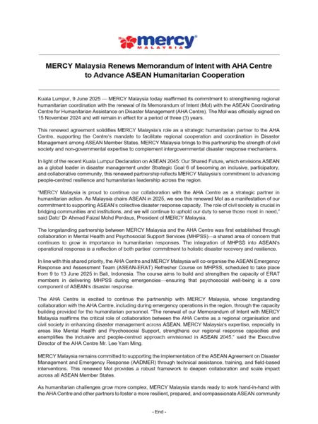 MERCY MALAYSIA RENEWS MEMORANDUM OF INTENT WITH AHA CENTRE TO ADVANCE ASEAN HUMANITARIAN COOPERATION