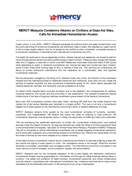 MERCY Malaysia Condemns Attacks on Civilians at Gaza Aid Sites, Calls for Immediate Humanitarian Access