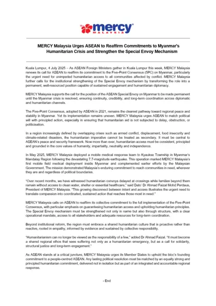 MERCY Malaysia Urges ASEAN to Reaffirm Commitments to Myanmar's Humanitarian Crisis and Strengthen the Special Envoy Mechanism