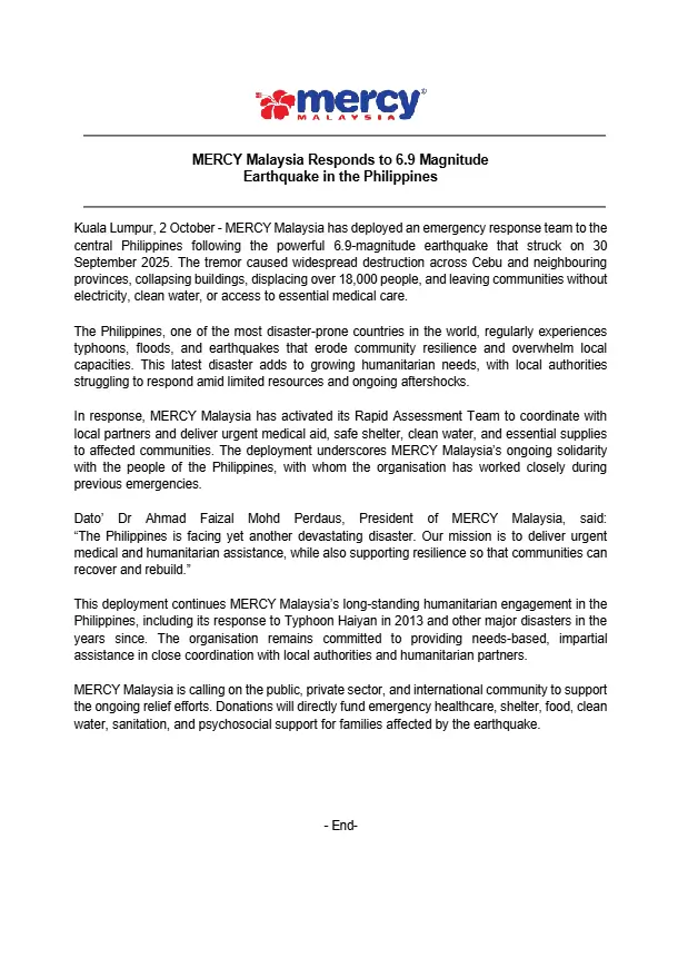 PRESS RELEASE - MERCY MALAYSIA RESPONDS TO 6.9 MAGNITUDE EARTHQUAKE IN PHILIPPINES